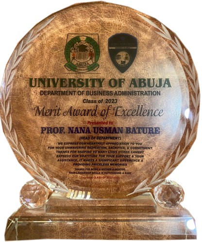 Merit Award of Excellence, Department of Business Administration. Nigeria University Association of Management and Business Students (NUAMBS), University of Abuja Chapter, (December, 2023)